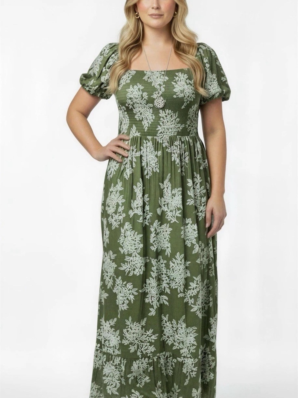Indigo Rose Green Floral Smocked Puff Sleeve Size 2x Maxi Dress NWT